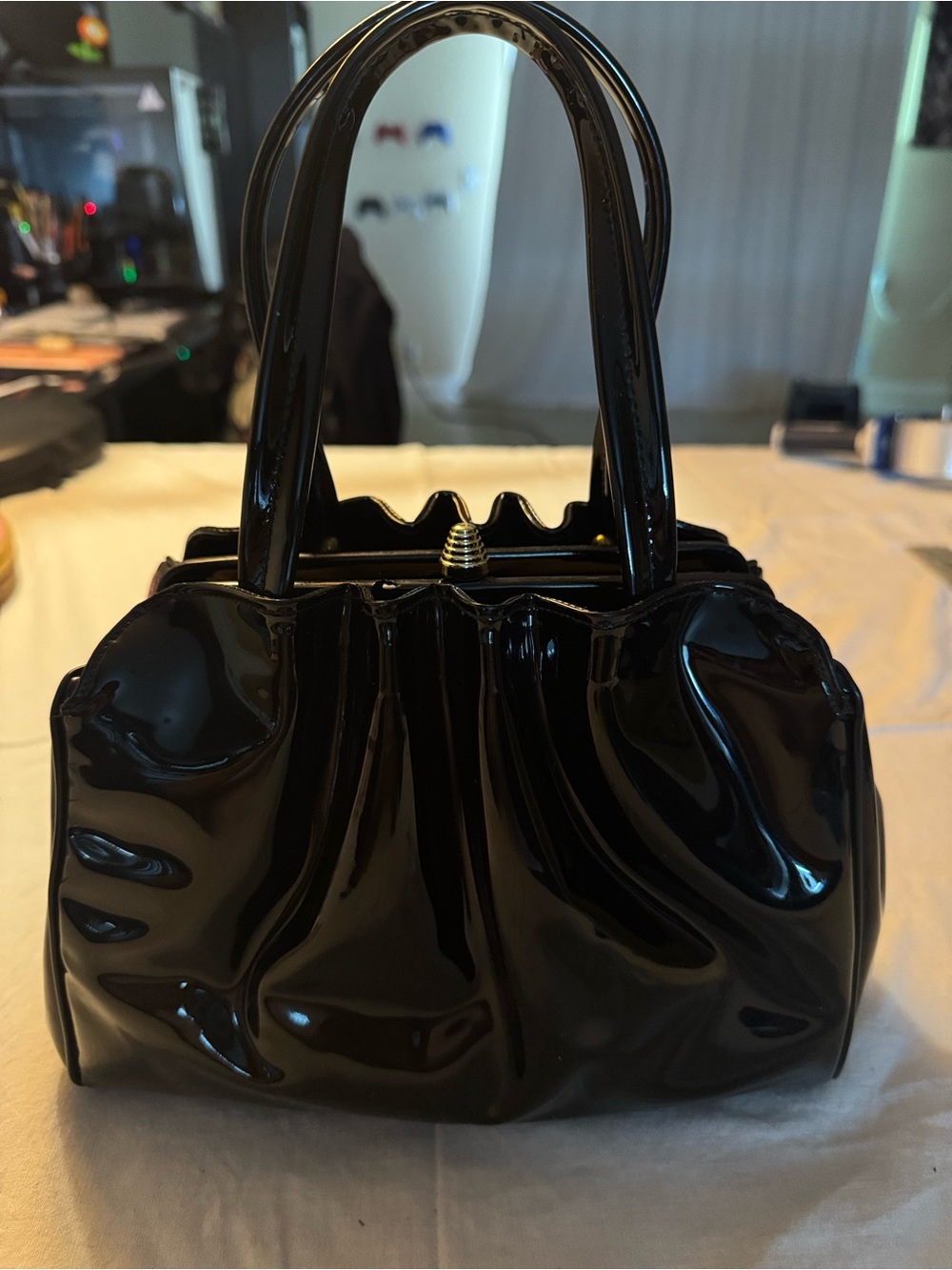 Vintage 1960s Lou Taylor Miami Black Patent Leather Top Handle Handbag Clasp MCM